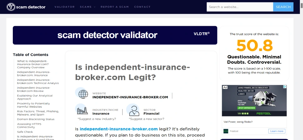 Independent Insurance Broker's Scam Detector score